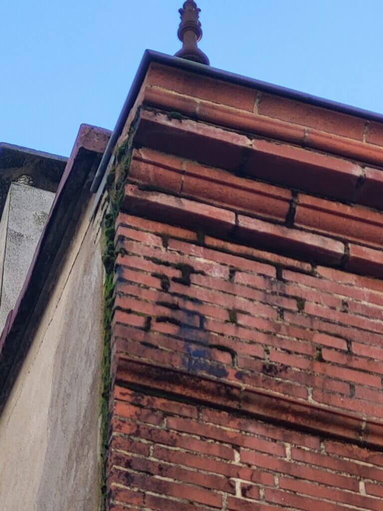 La photo de l'angle d'une maison qui a des infiltrations d'humidité où il apparait de la mousse le long du mur extérieur