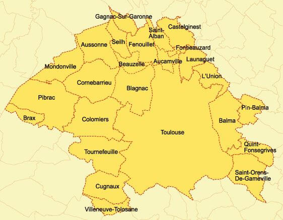 Carte de Toulouse et les villes environnantes (Toulouse métropole)