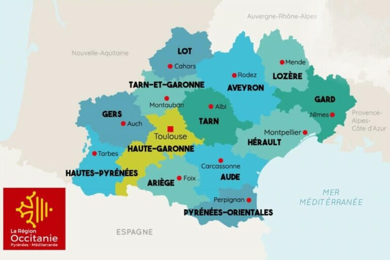 Carte de la région Occitanie avec les départements représentés
